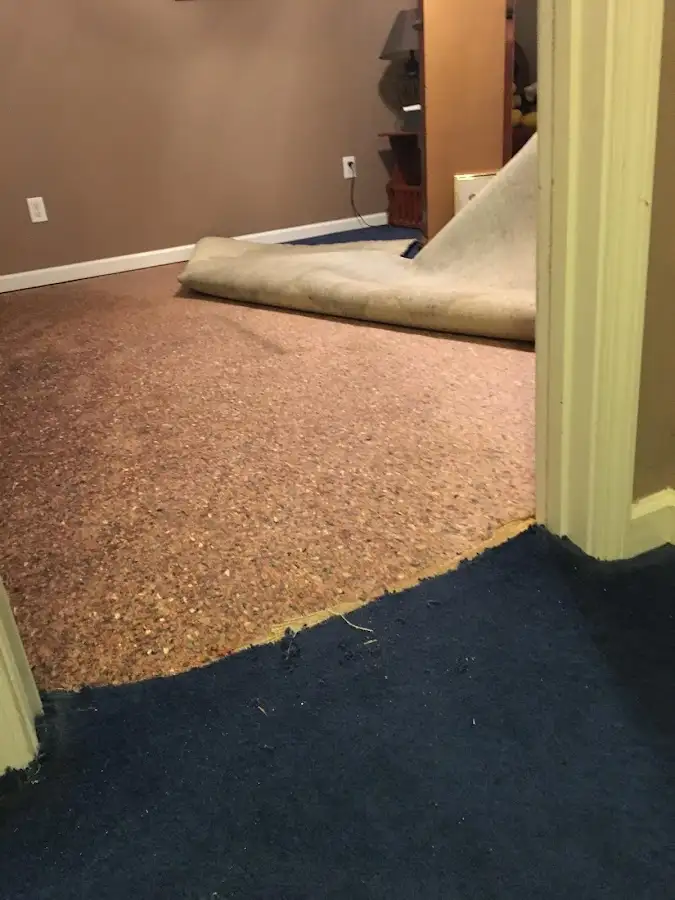 Carpet pad removal revealing water damage during Drying & Dehumidification in Coldwater